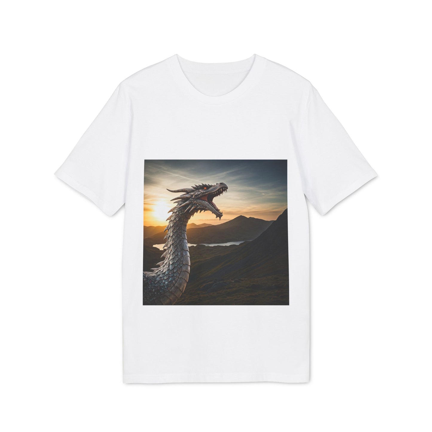 T-Shirt - Energetic Fire Dragon in front of Welsh Mountain