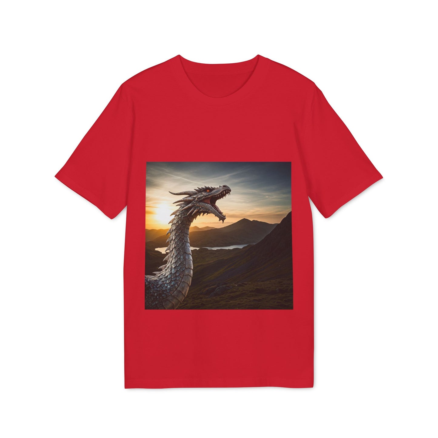 T-Shirt - Energetic Fire Dragon in front of Welsh Mountain